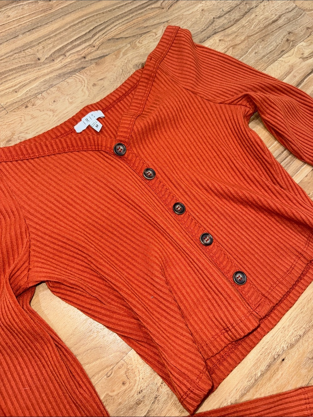 iris Rust Ribbed Off-Shoulder Button Cardigan - Picture 2 of 4